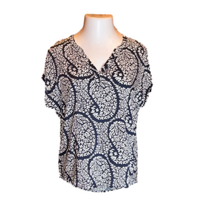 GAP Factory Navy Blue & White Print Pop Over Blouse Size M